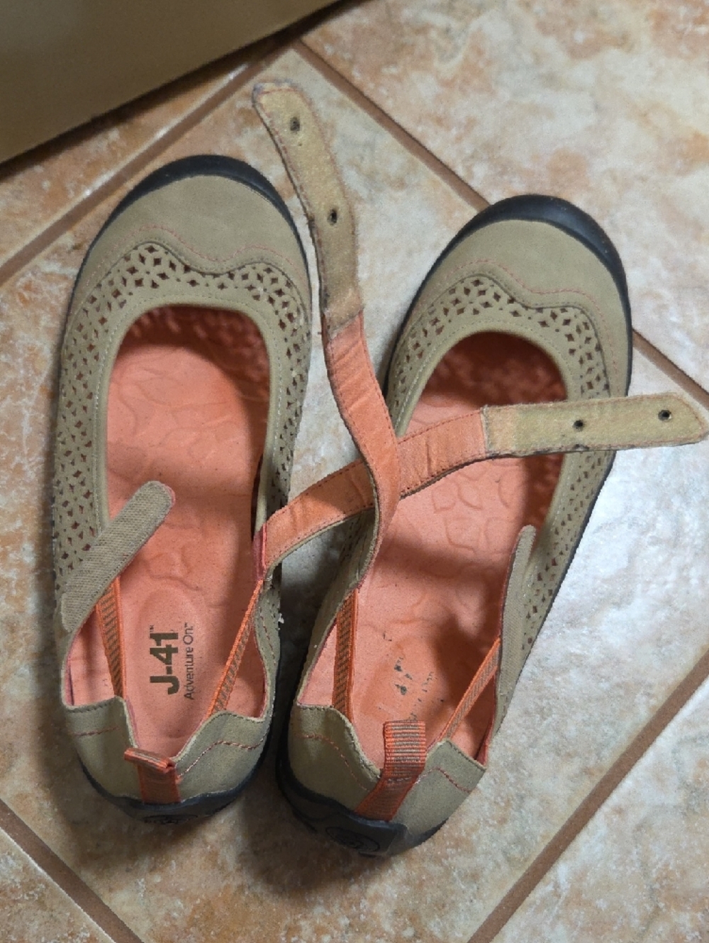J-41 Tan Mary Jane Flats with Coral Insole and Black Toe Cap - Picture 7 of 9